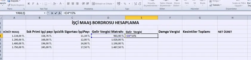Excel Bordro Hesaplama FOTO: Excel Bordro Hesaplama