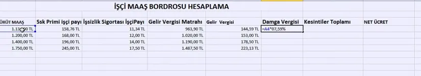 Excel Bordro Hesaplama FOTO: Excel Bordro Hesaplama