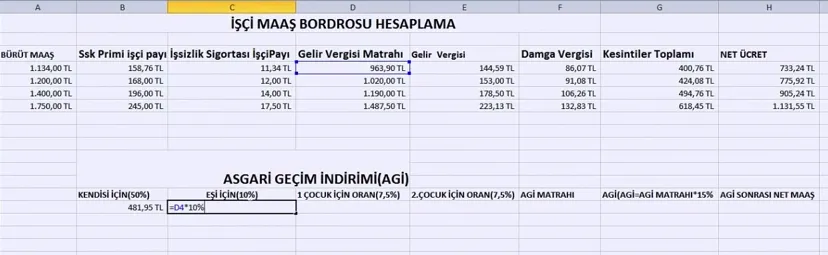 Excel Bordro Hesaplama FOTO: Excel Bordro Hesaplama