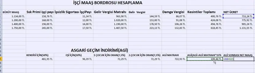 Excel Bordro Hesaplama FOTO: Excel Bordro Hesaplama