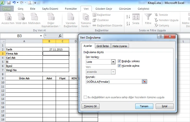 Dolaylı Fonksiyonu FOTO: Excel Fatura Örneği
