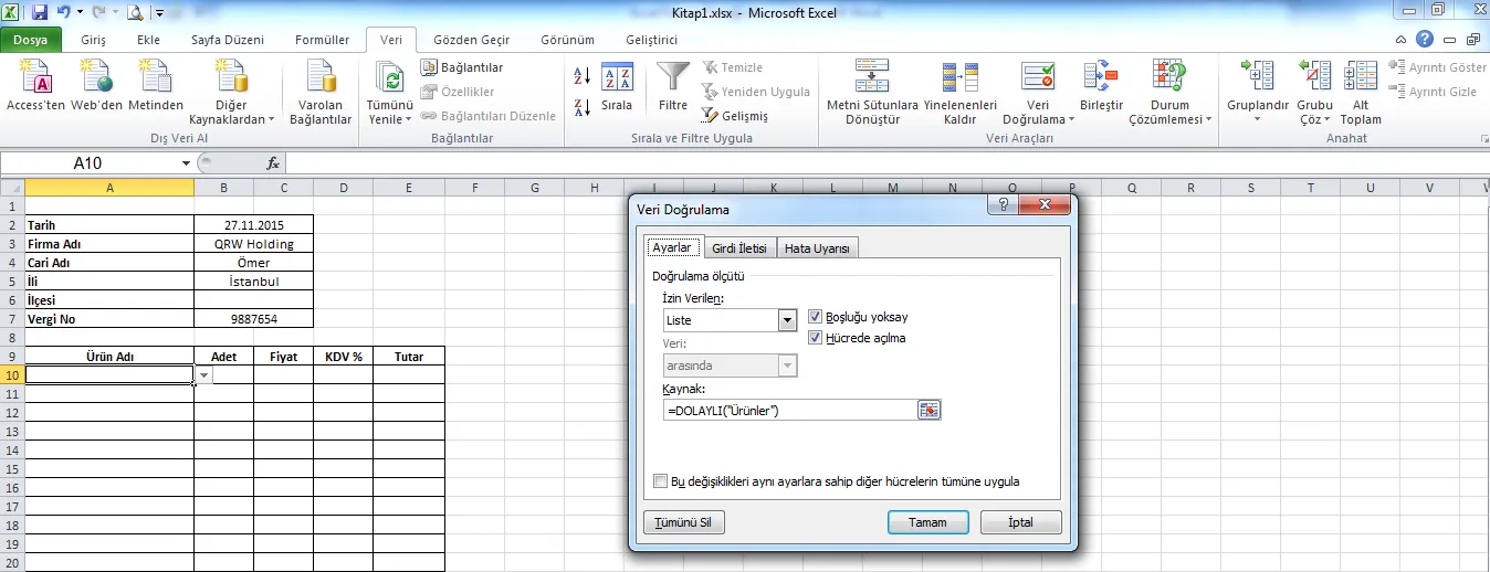 Excel Düşeyara Fonksiyonu FOTO: Excel Fatura Örneği