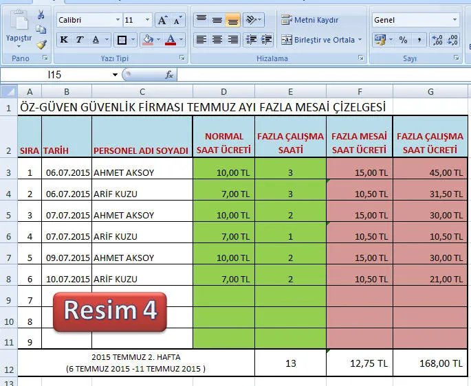Resim 4 FOTO:  Mesai Saati Hesaplama Excel