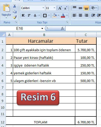 Resim 6 FOTO:  Excel Maliyet Hesaplama