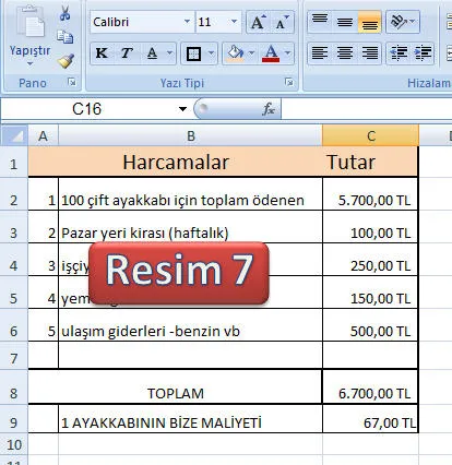 Resim 7 FOTO:  Excel Maliyet Hesaplama Resim