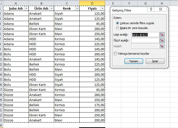 Excel Filtreleme FOTO: Excel Filtreleme