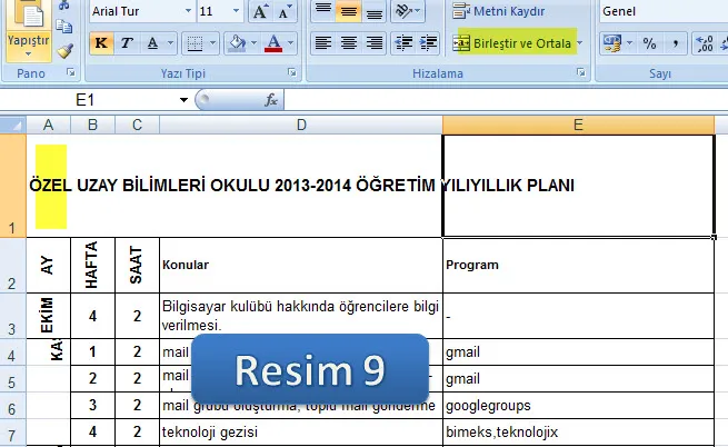 Excel Hücre Stun Aralık FOTO: Excel Stun Aralık