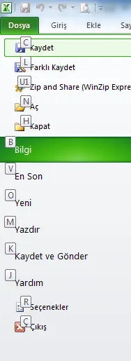 Kısayol Ekranı FOTO: Excel Kısayollar