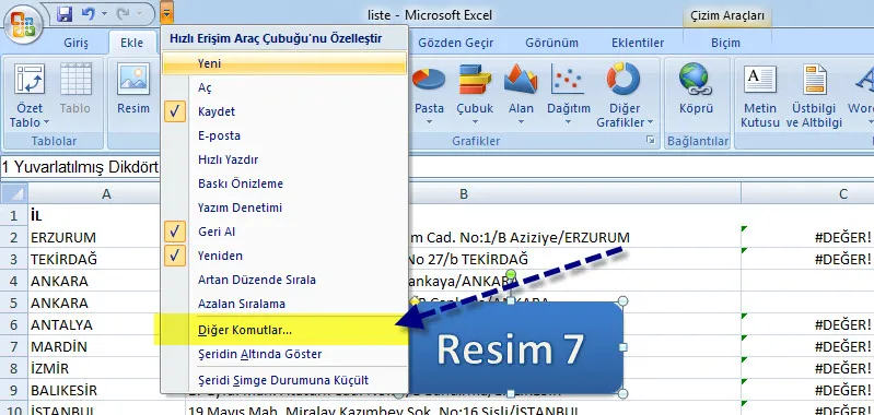 Microsoft Excel Hücredeki Diğer Komutlar FOTO: Microsoft Excel Diğer Komutlar