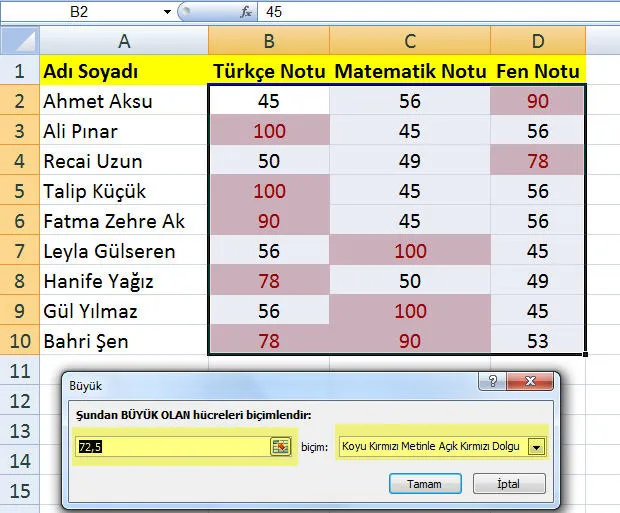 Excel Koşullu Biçimlendirme FOTO: Excel Koşullu Biçimlendirme