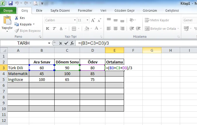 ;Formül Yazarak Ortalama Bulma FOTO: Excel Ortalama Formülü