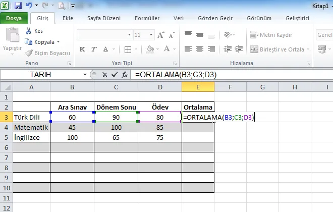 ;İşlev Yazarak Ortalama Elde Etmek FOTO: Excel Ortalama Formülü