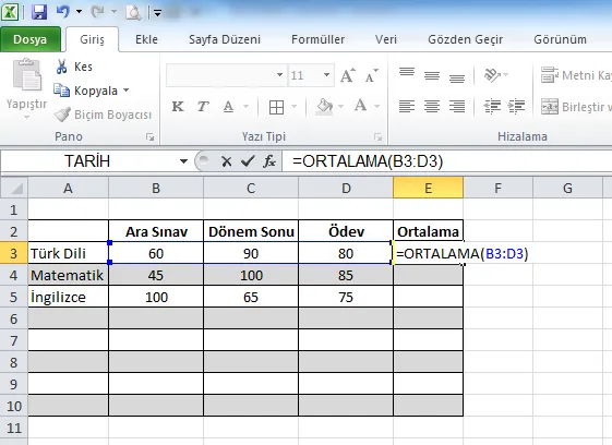 ;İşlev Yazarak Ortalama Elde Etmek FOTO: Excel Ortalama Formülü