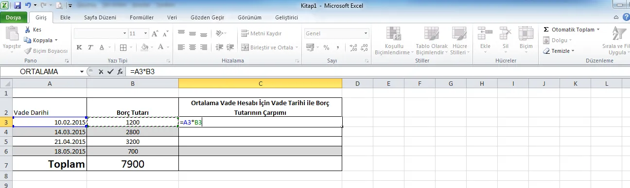 ; Ortalama Vade hesaplama FOTO: Excel Ortalama Formülü