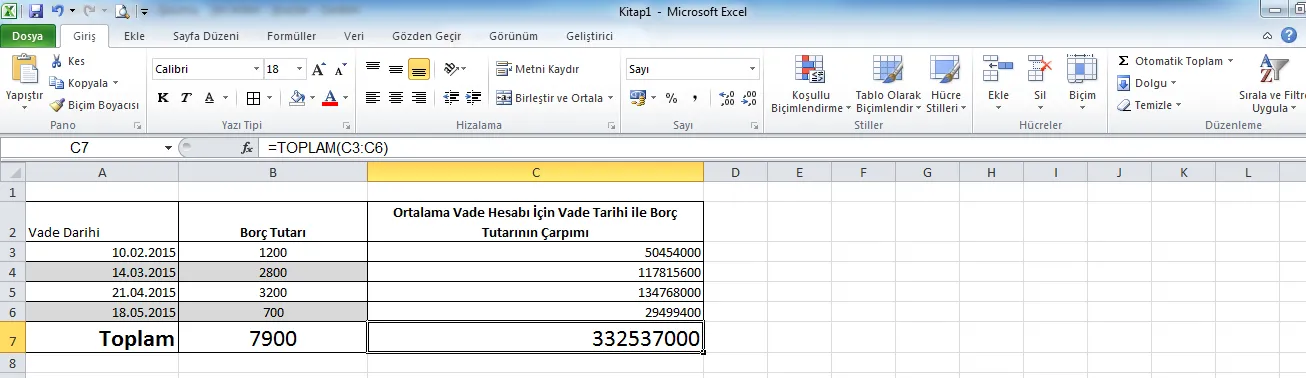 ; Ortalama Vade hesaplama FOTO: Excel Ortalama Formülü
