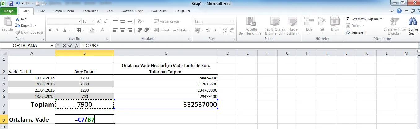 ; Ortalama Vade hesaplama FOTO: Excel Ortalama Formülü