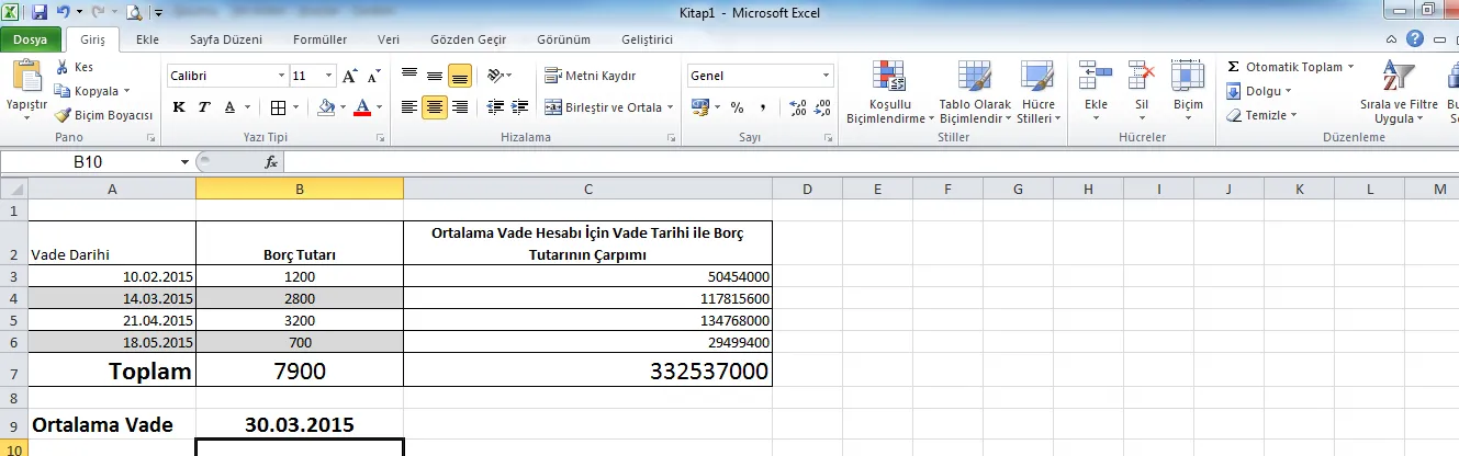 ; Ortalama Vade hesaplama FOTO: Excel Ortalama Formülü