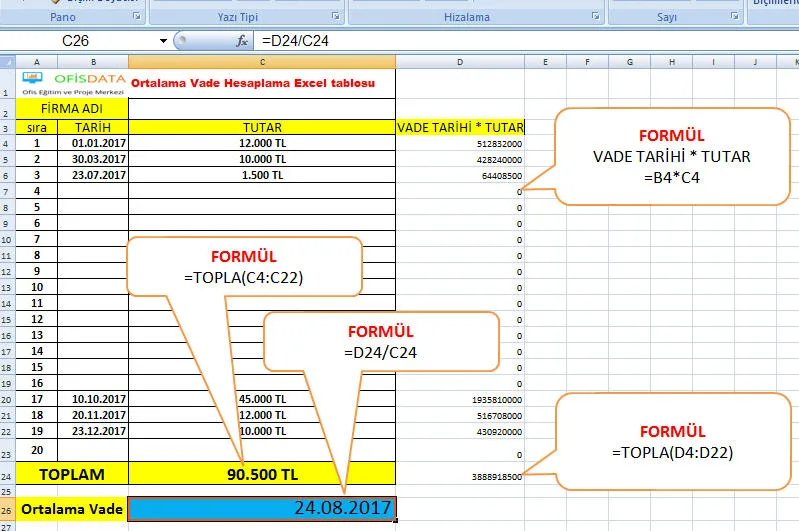 Excel Ortalama Vade Hesaplama FOTO: Excel Ortalama Vade Hesaplama