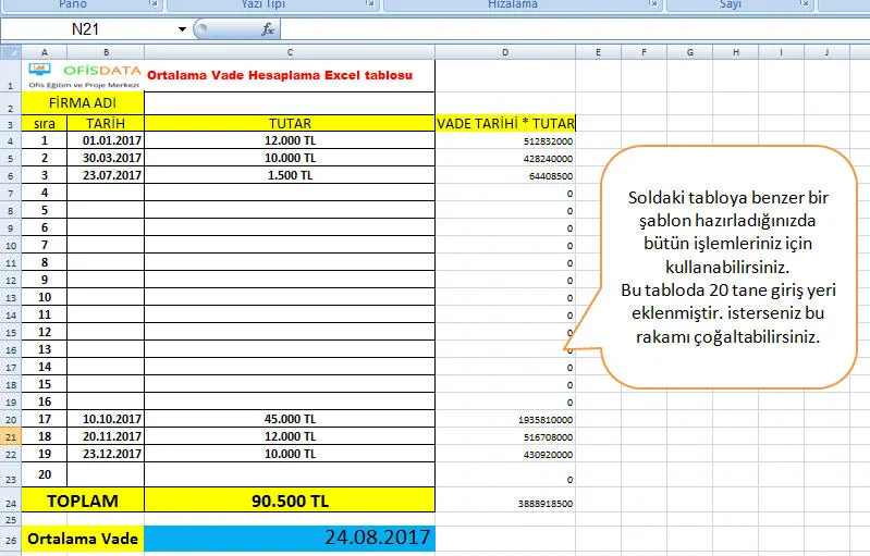 Excel Ortalama Vade Hesaplama FOTO: Excel Ortalama Vade Hesaplama
