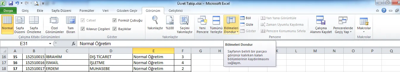 Excel'de Satır Sabitleme FOTO: Excel'de Satır Sabitleme