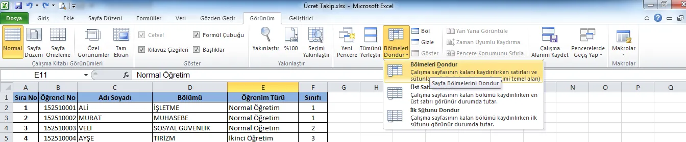 Excel'de Satır Sabitleme FOTO: Excel'de Satır Sabitleme