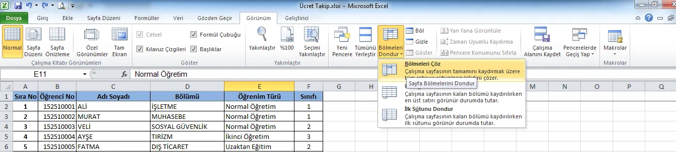 Excel'de Satır Sabitleme FOTO: Excel'de Satır Sabitleme