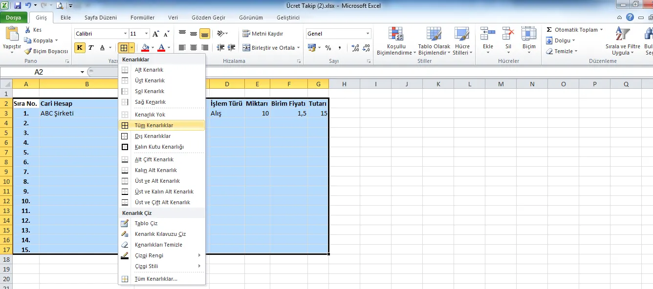 Kenarlıklar FOTO: Excel Sınav Soruları ve Cevapları