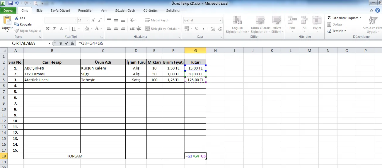 Toplama FOTO: Excel Sınav Soruları ve Cevapları