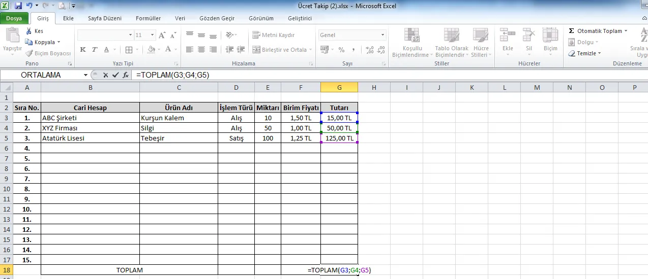 Toplama 2 FOTO: Excel Sınav Soruları ve Cevapları