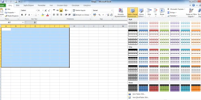 Excel Tablosu Hazır Stiller FOTO: Excel Tablo Oluşturma