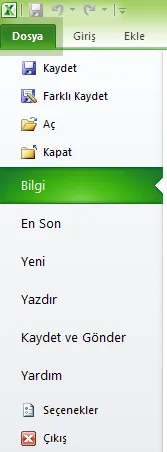 Excel Dosya Menüsü FOTO: Excel Dosya Menüsü