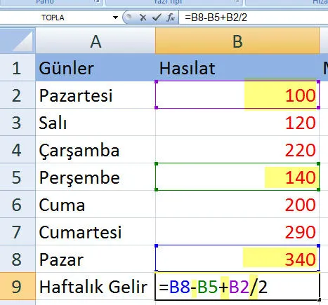 Excelde Formüller FOTO: Excelde Formüller