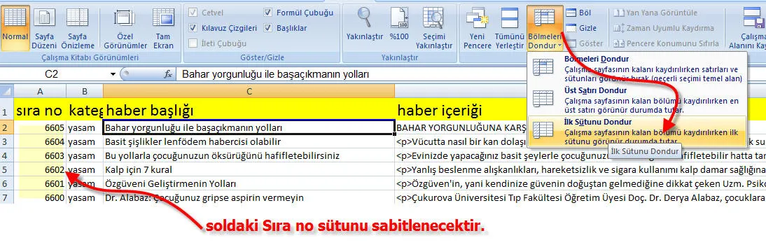 Excelde Satır Sabitleme FOTO: Excelde Satır Sabitleme