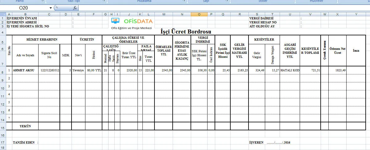 Ücret Bordrosu Excel FOTO: Ücret Bordrosu Excel
