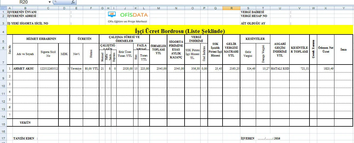 Ücret Bordrosu Excel FOTO: Ücret Bordrosu Excel