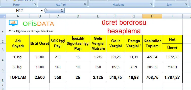 Ücret Bordrosu Excel FOTO: Ücret Bordrosu Excel
